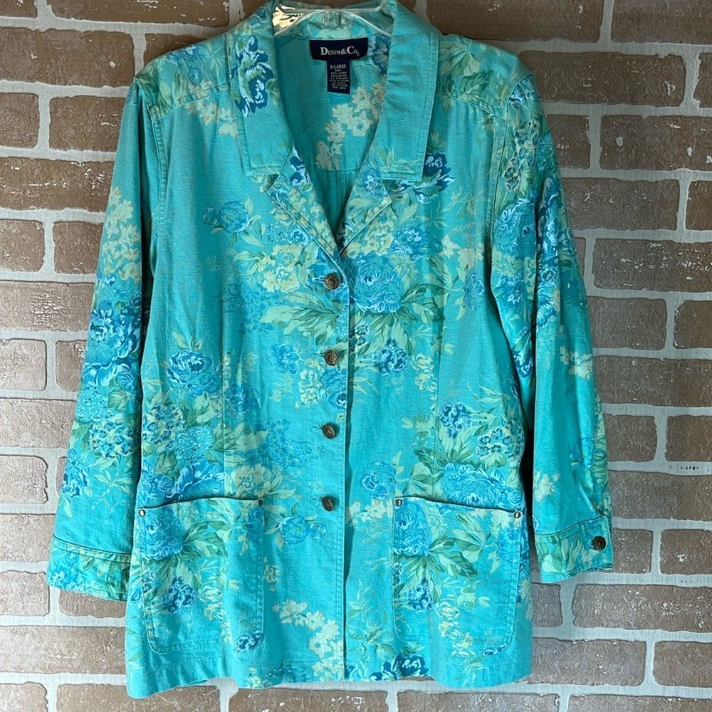 DENIM & COMPANY Women's Large Jacket Turquoise AquaL Pocket D&CO Linen
